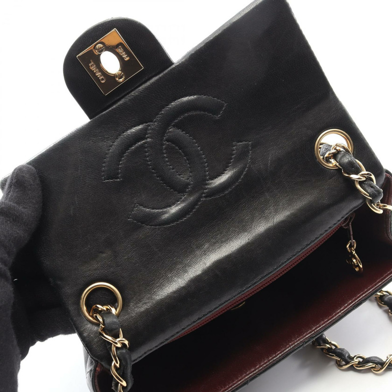 香奈兒 (CHANEL) 迷你絎縫鏈條斜背包 A01115 黑色羊皮二手 CC-7