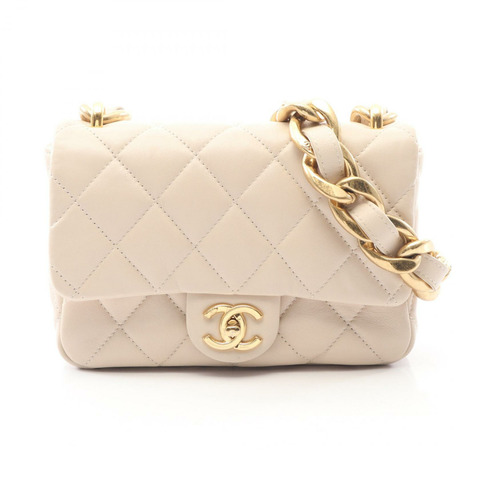 香奈兒 (CHANEL) 絎縫小號翻蓋鏈肩背包 AS3214 羊皮 米色 金色五金 二手
