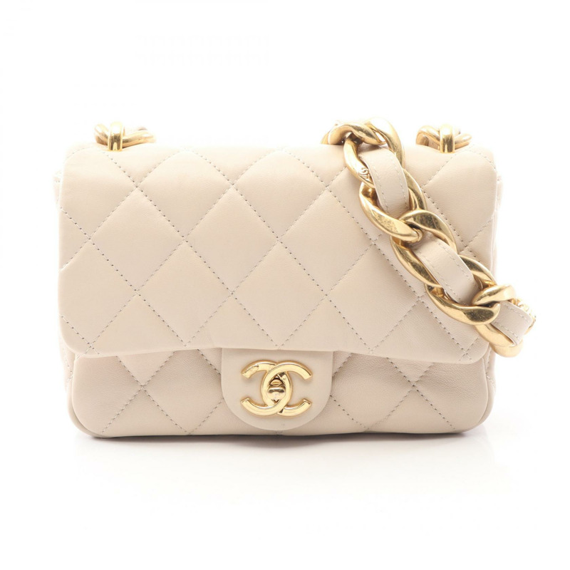 香奈兒 (CHANEL) 絎縫小號翻蓋鏈肩背包 AS3214 羊皮 米色 金色五金 二手-0