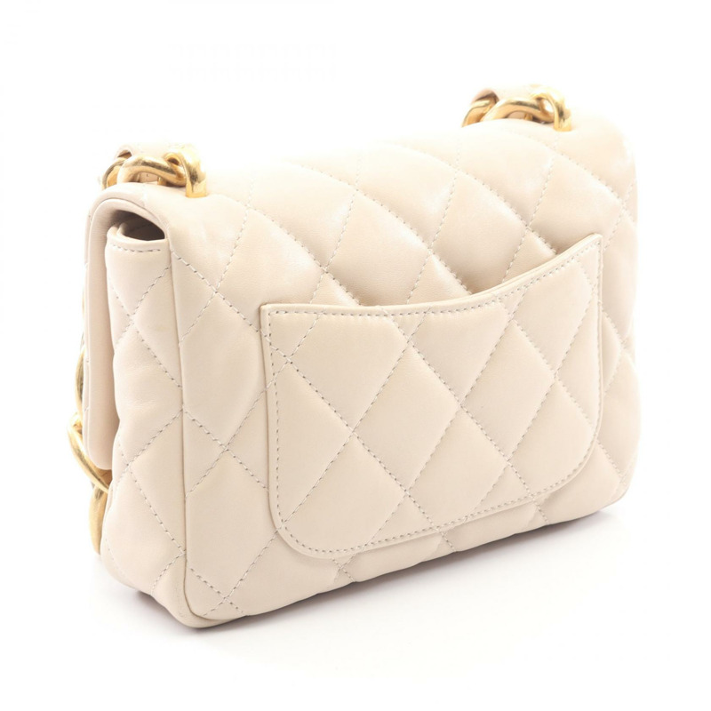 香奈兒 (CHANEL) 絎縫小號翻蓋鏈肩背包 AS3214 羊皮 米色 金色五金 二手-1