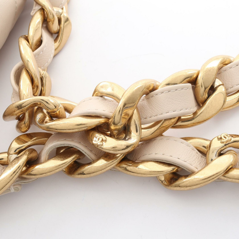 香奈兒 (CHANEL) 絎縫小號翻蓋鏈肩背包 AS3214 羊皮 米色 金色五金 二手-9