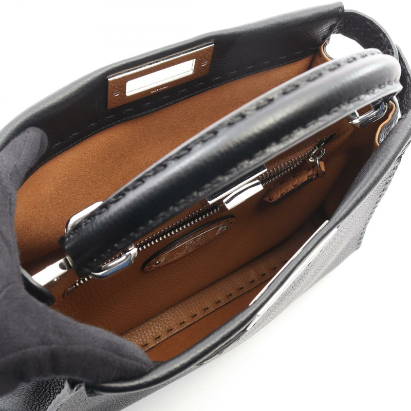 FENDI Peekaboo Regular Selleria 單肩斜背包,黑色皮革,二手-2