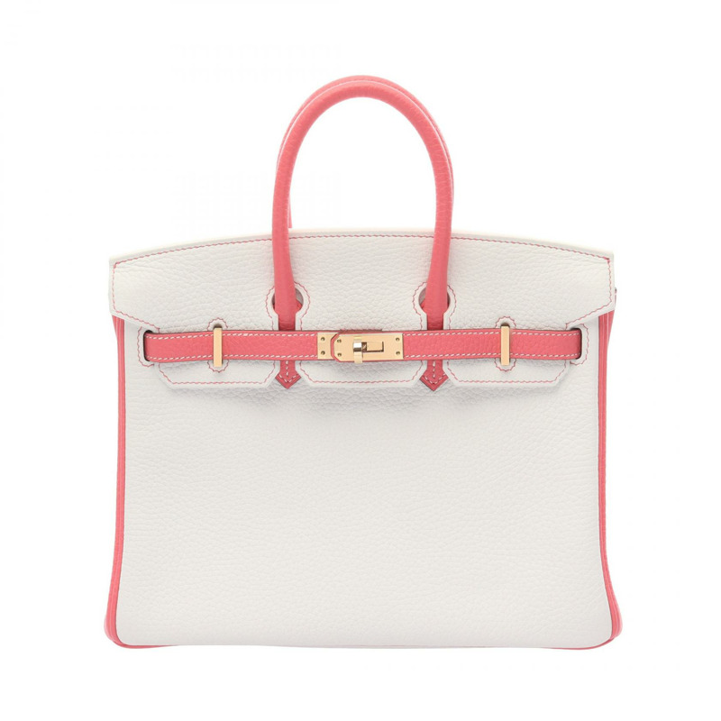 HERMES Birkin 25 手提包 Y Togo 皮革 白色 粉紅色 玫瑰杜鵑 GHW 二手-0