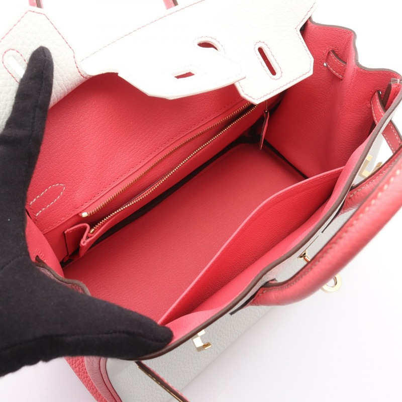 HERMES Birkin 25 手提包 Y Togo 皮革 白色 粉紅色 玫瑰杜鵑 GHW 二手-2