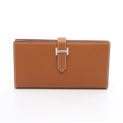 愛馬仕 Bearn Soufflet 雙折長皮夾 O Epsom 棕色金色二手女士 SHW