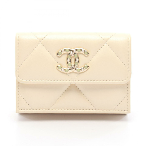 香奈兒 (CHANEL) Matelasse 三折錢包，米色皮革，金色五金，二手，女士 CC