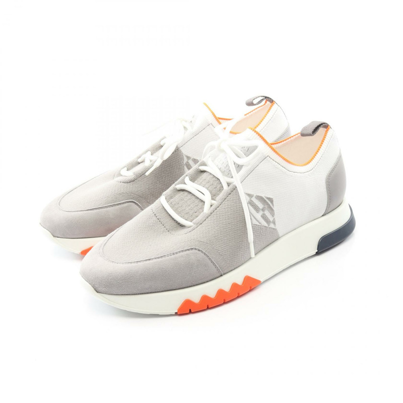 愛馬仕 Exploit 運動鞋,皮革/麂皮拼接,灰色/白色/橙色,二手男士 41 碼-0
