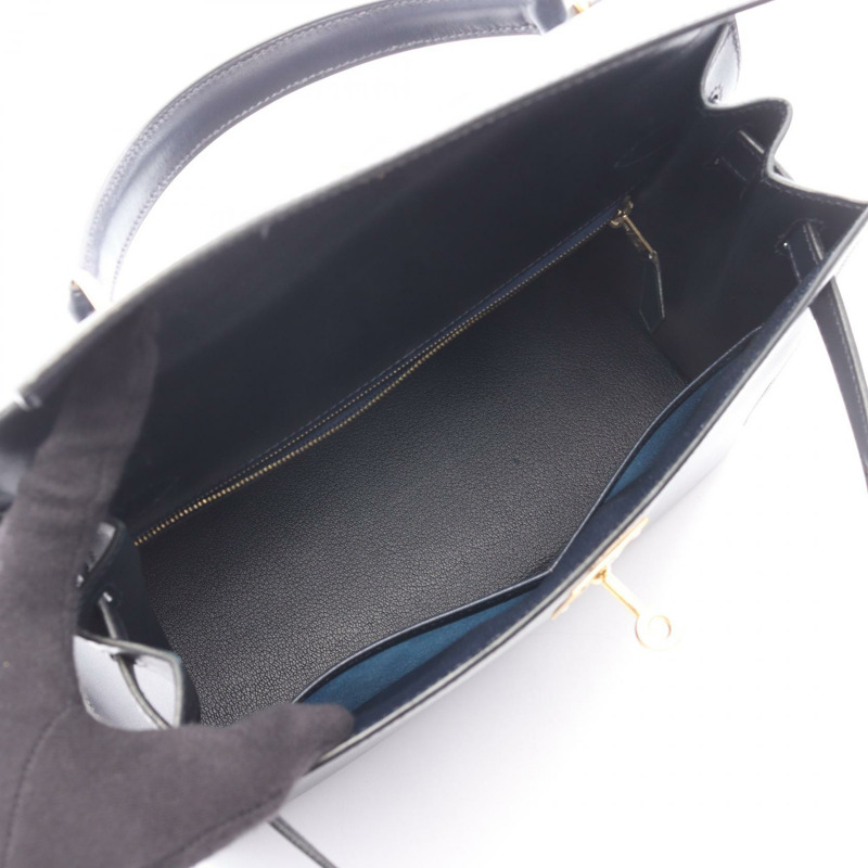 愛馬仕 Kelly 28 單肩手提包,Box 小牛皮,靛藍色,二手,金色五金-2