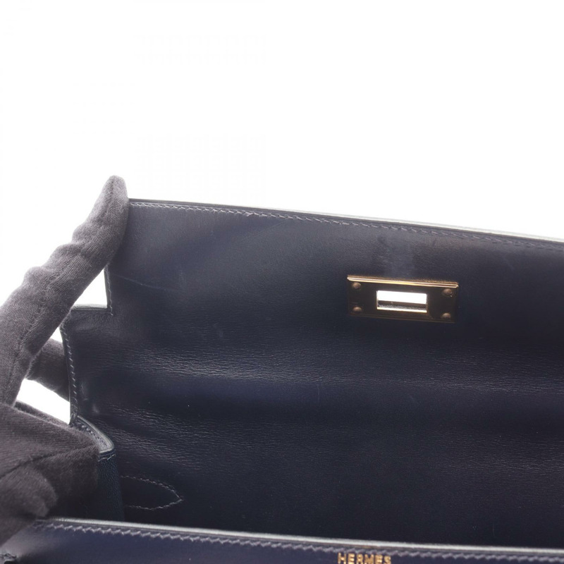 愛馬仕 Kelly 28 單肩手提包,Box 小牛皮,靛藍色,二手,金色五金-7