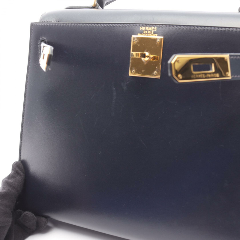 愛馬仕 Kelly 28 單肩手提包,Box 小牛皮,靛藍色,二手,金色五金-8