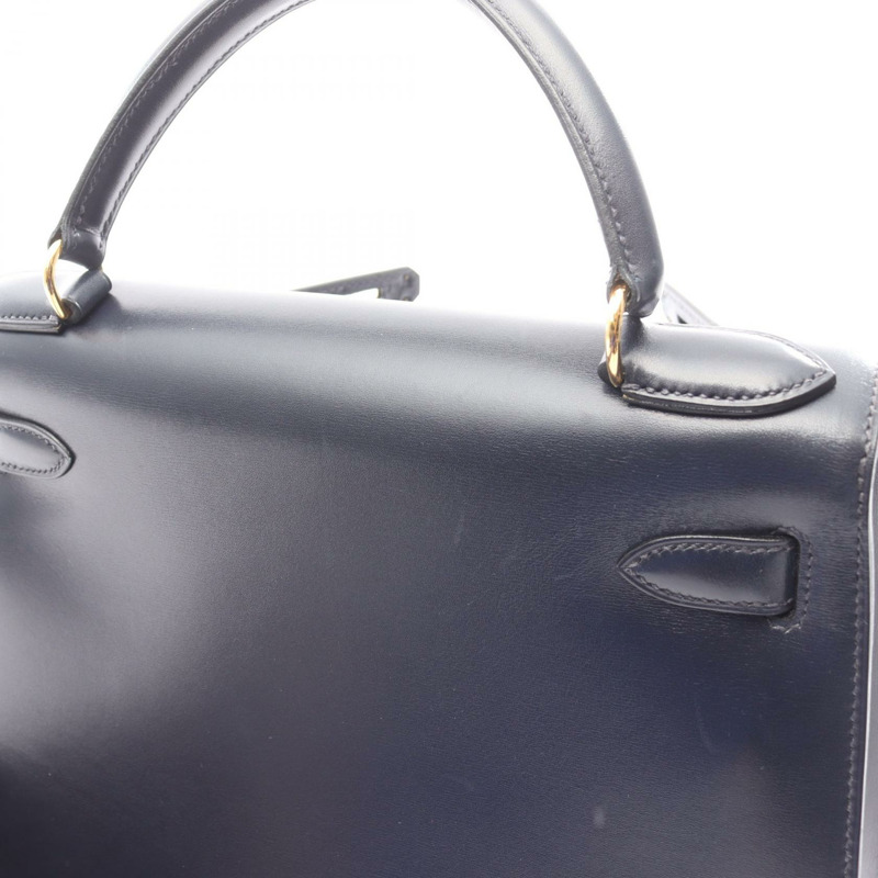 愛馬仕 Kelly 28 單肩手提包,Box 小牛皮,靛藍色,二手,金色五金-9