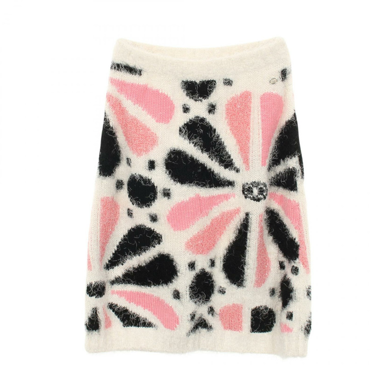 香奈兒 COCO 標誌半身裙 P76107K10960 羊絨真絲 白色 粉紅色 #36 二手 女士-0