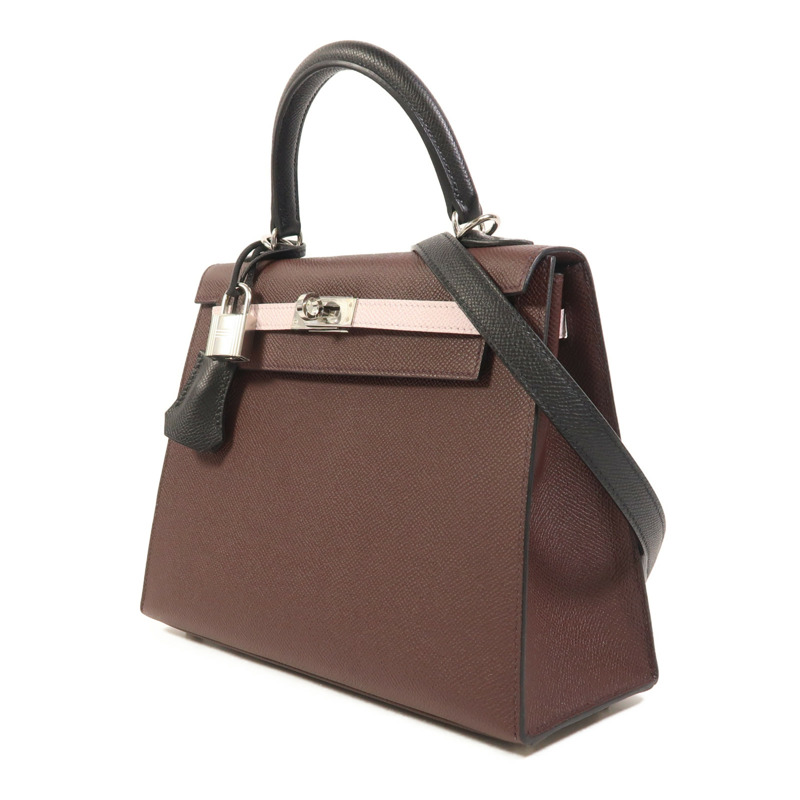 HERMES Epsom皮革Kelly 25銀扣手挽肩背兩用袋Rouge Sellier/Mauve Pale/Noir-2