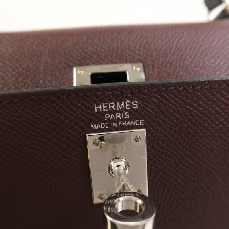 HERMES Epsom皮革Kelly 25銀扣手挽肩背兩用袋Rouge Sellier/Mauve Pale/Noir-5