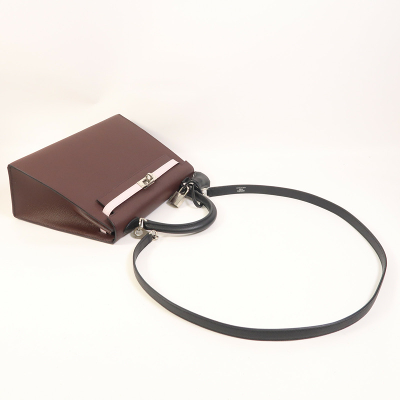 HERMES Epsom皮革Kelly 25銀扣手挽肩背兩用袋Rouge Sellier/Mauve Pale/Noir-7