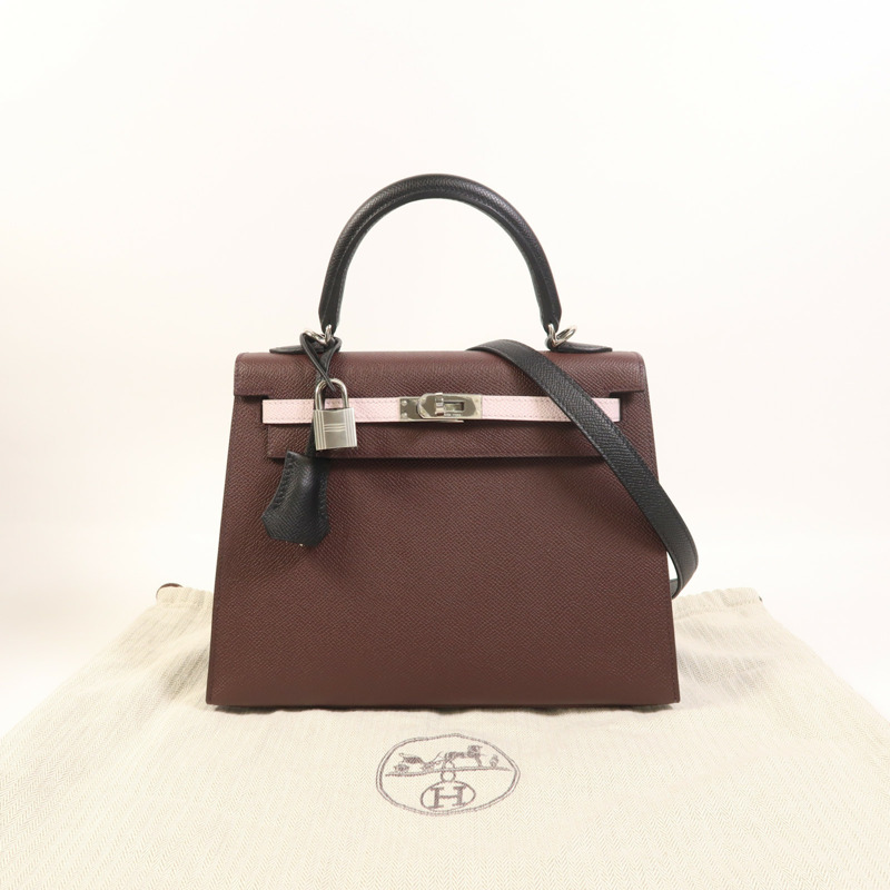 HERMES Epsom皮革Kelly 25銀扣手挽肩背兩用袋Rouge Sellier/Mauve Pale/Noir-8