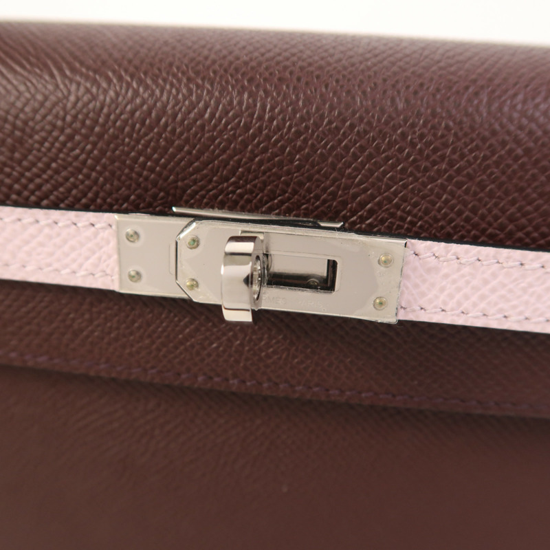 HERMES Epsom皮革Kelly 25銀扣手挽肩背兩用袋Rouge Sellier/Mauve Pale/Noir-9