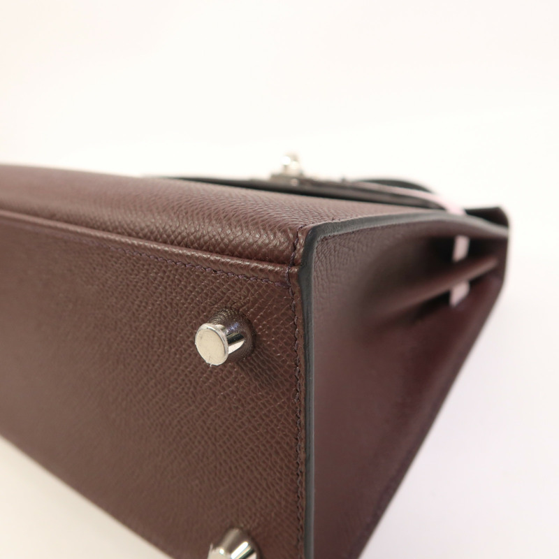HERMES Epsom皮革Kelly 25銀扣手挽肩背兩用袋Rouge Sellier/Mauve Pale/Noir-10