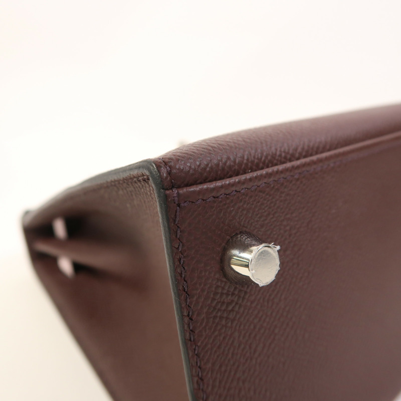 HERMES Epsom皮革Kelly 25銀扣手挽肩背兩用袋Rouge Sellier/Mauve Pale/Noir-11