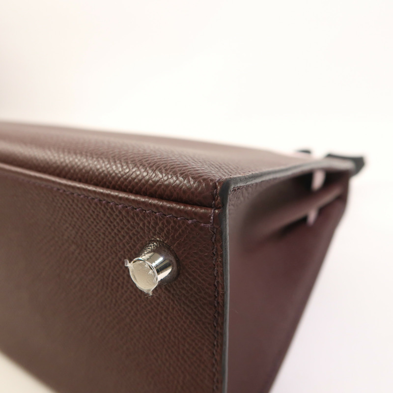 HERMES Epsom皮革Kelly 25銀扣手挽肩背兩用袋Rouge Sellier/Mauve Pale/Noir-12