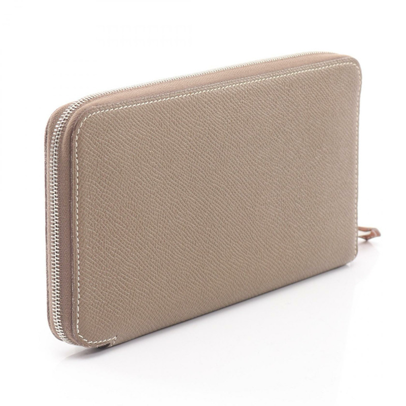 愛馬仕 Azap 長款絲綢錢包，圓形拉鍊，Epsom 皮革，灰色 SHW，二手。-1