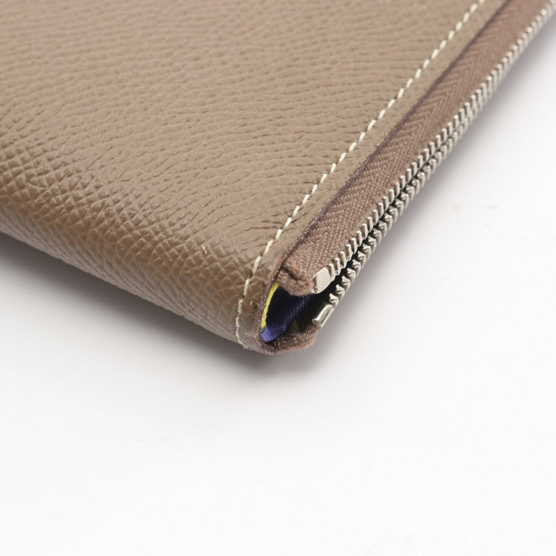 愛馬仕 Azap 長款絲綢錢包，圓形拉鍊，Epsom 皮革，灰色 SHW，二手。-6