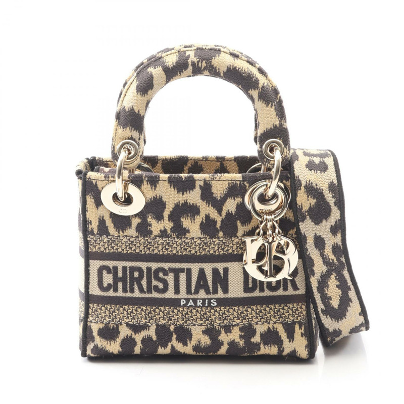 Dior LADY D-LITE 迷你單肩手提包，帆布材質，米色/黑色，二手，女士款，帶品牌標誌-0