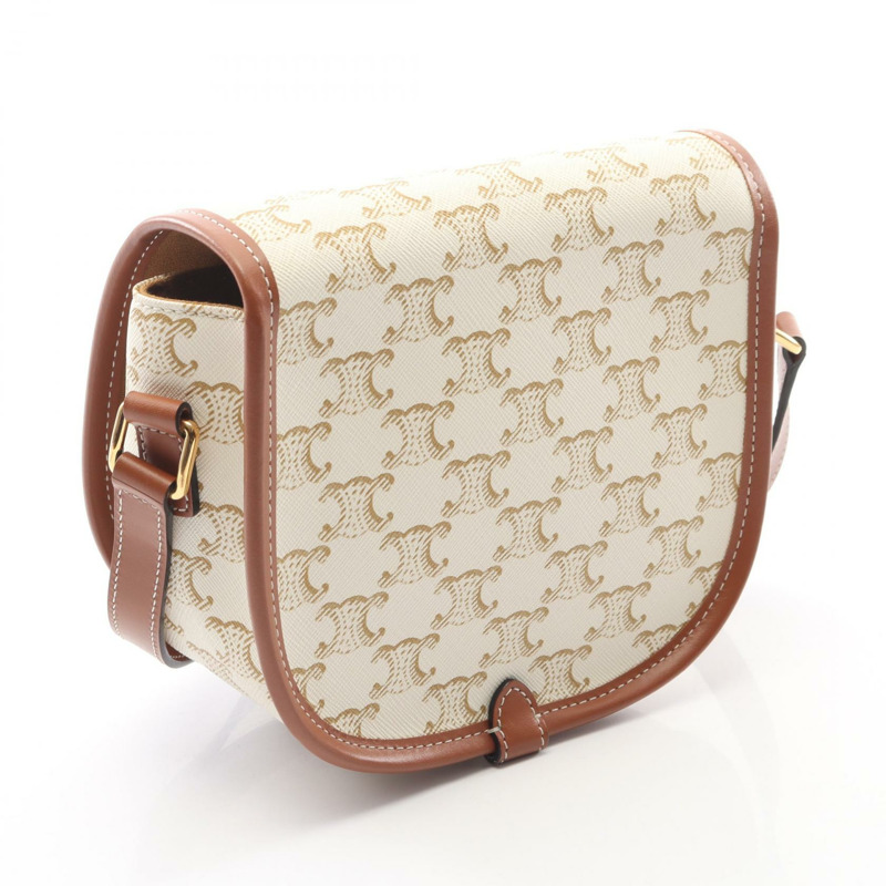 CELINE Folco 中型 Triomphe 單肩包，帆布皮革，白色/棕色，二手女款-1