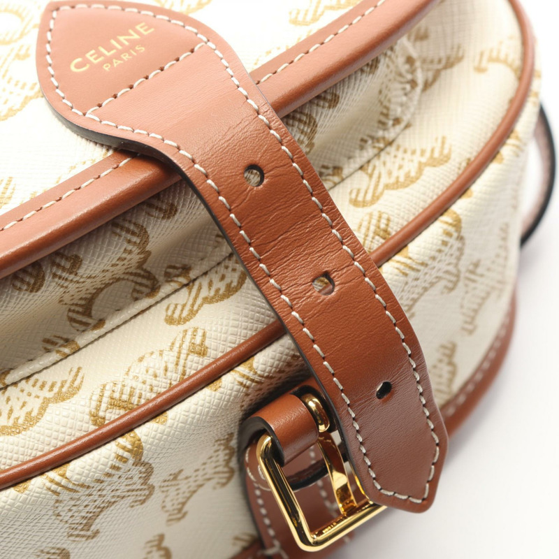 CELINE Folco 中型 Triomphe 單肩包，帆布皮革，白色/棕色，二手女款-4