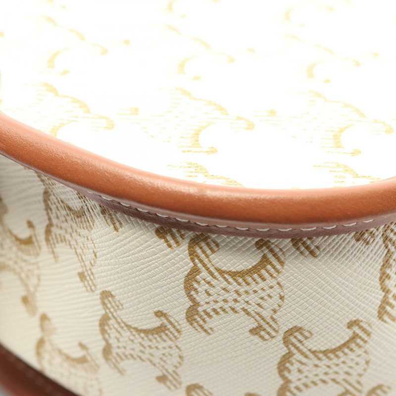 CELINE Folco 中型 Triomphe 單肩包，帆布皮革，白色/棕色，二手女款-5