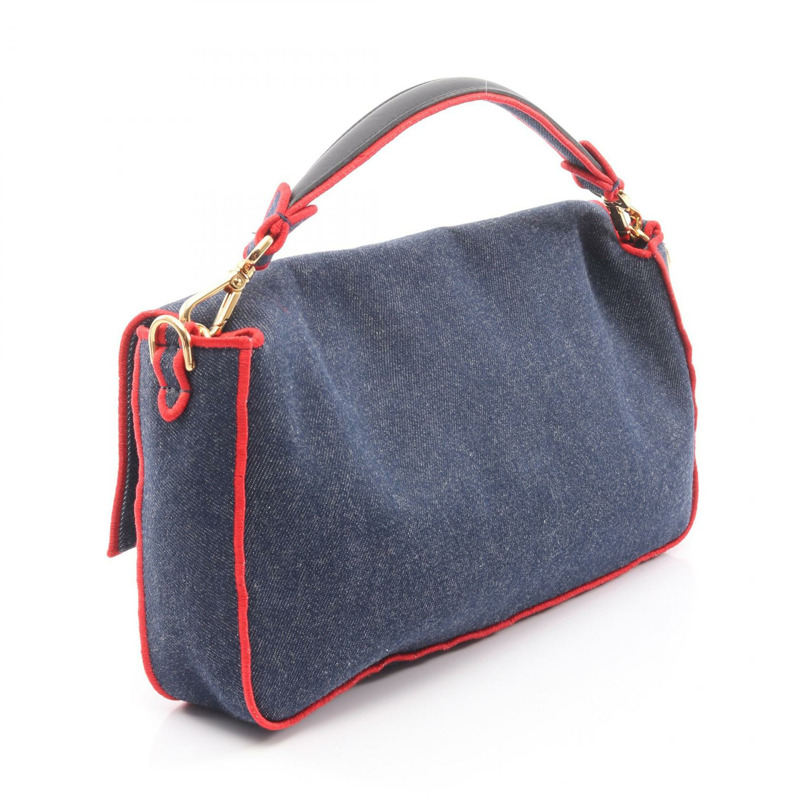 FENDI Mamma 水桶包 ROMA 單肩手提包 8BR771 牛仔布海軍藍紅色 二手 女士-1