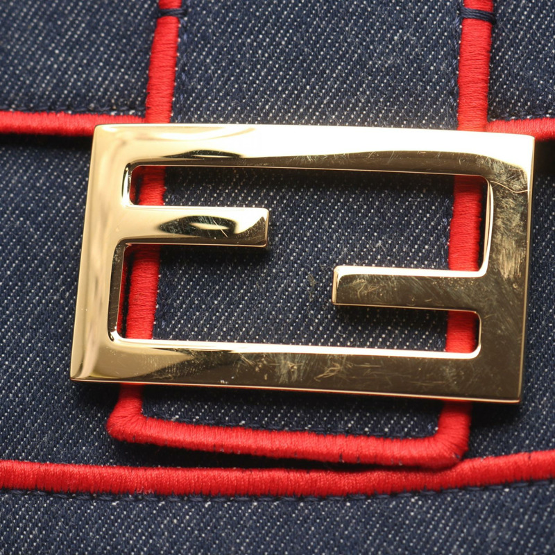 FENDI Mamma 水桶包 ROMA 單肩手提包 8BR771 牛仔布海軍藍紅色 二手 女士-5