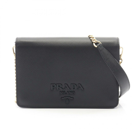 PRADA SAFFIANO LUX 鏈條單肩斜背包 1BP012 黑色皮革 二手 女士