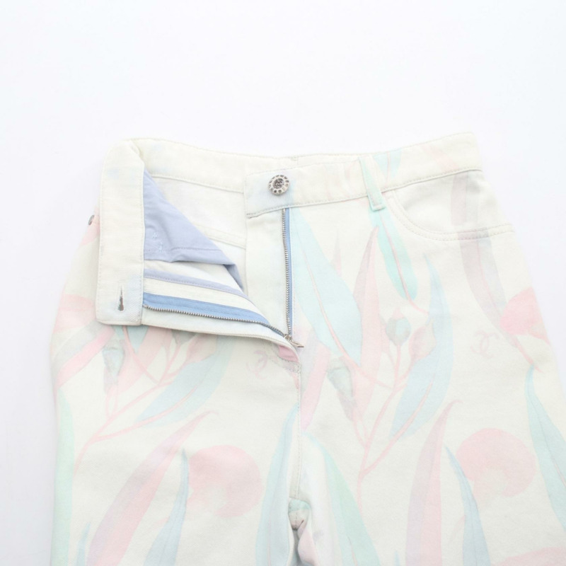 香奈兒 COCO 標誌牛仔褲 #36 棉質 白色 藍色 粉紅色 二手 女士 CC-5