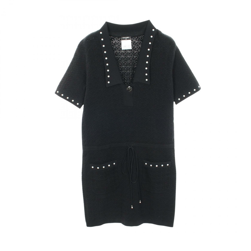 香奈兒 (CHANEL) CC Logo 紐帶珍珠連身裙 P53686K07000 棉尼龍黑 #36 二手女裝-0