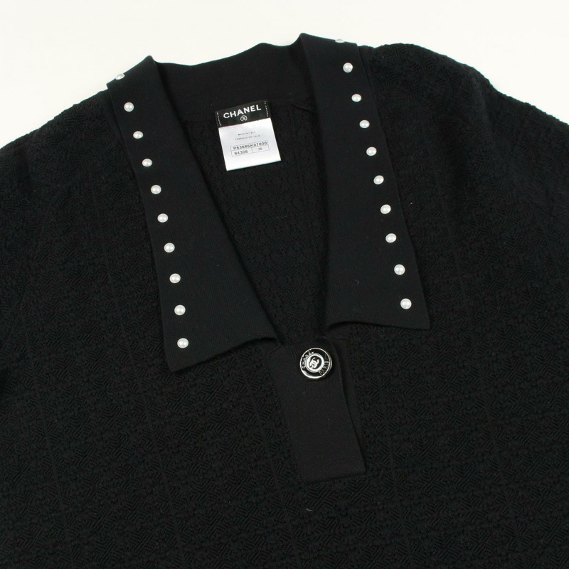 香奈兒 (CHANEL) CC Logo 紐帶珍珠連身裙 P53686K07000 棉尼龍黑 #36 二手女裝-6