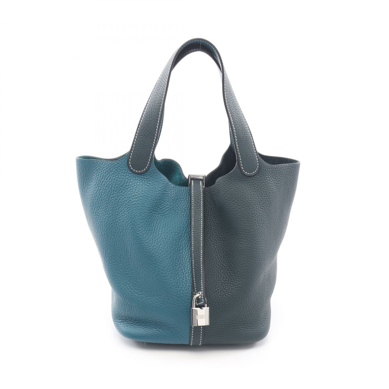 愛馬仕 Picotin Lock MM Casaque 手提包，Clemence 皮革，綠色，銀色五金，女士款-0