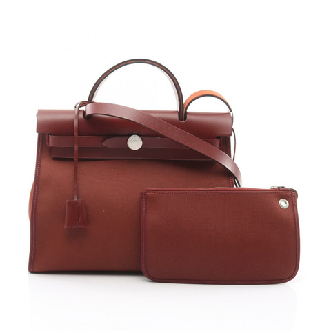 愛馬仕 Herbag Zip PM 單肩手提包 Toile Military Vache hunter 棕色 二手 D