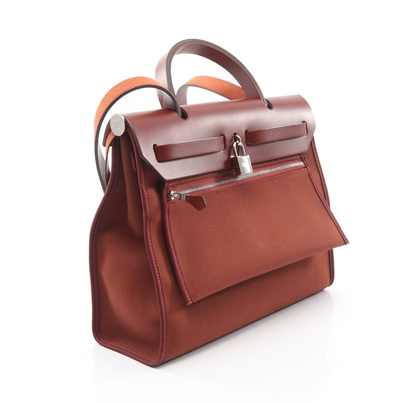 愛馬仕 Herbag Zip PM 單肩手提包 Toile Military Vache hunter 棕色 二手 D-1