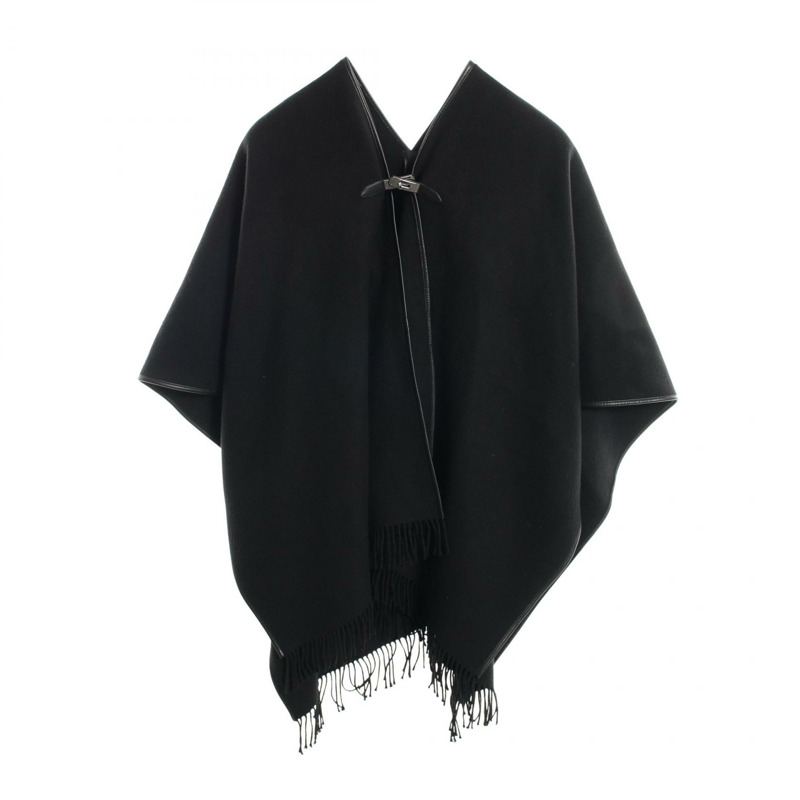 愛馬仕黑色羊絨皮斗篷開襟夾克，二手女款-0