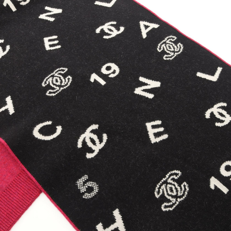 香奈兒 COCO 標誌圍巾披肩羊絨圍巾黑色粉紅二手女士 CC-1