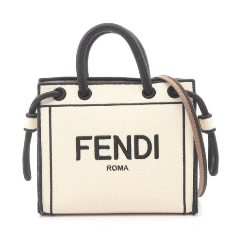 FENDI 肩背斜背包 8BH380 帆布 米色 黑色 Logo 二手 女士