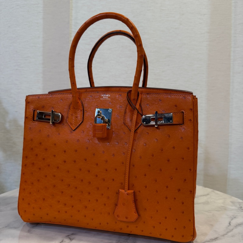Hermes 經典橘鴕鳥皮銀釦Birkin 30-0