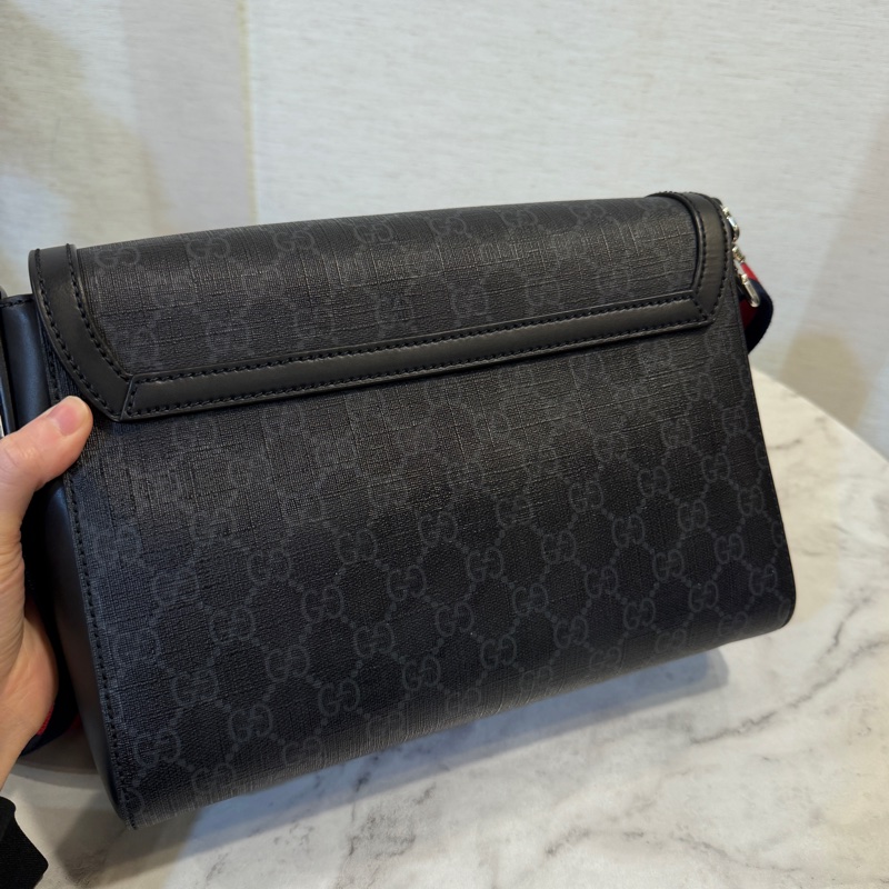 Gucci 黑灰PVC黑牛皮下蓋磁吸斜背郵差包-4