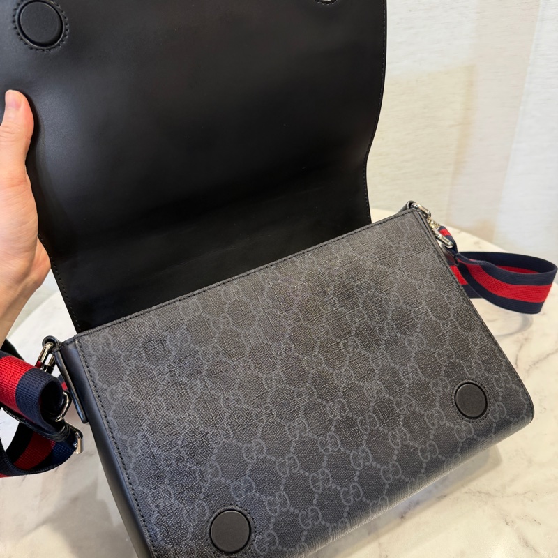 Gucci 黑灰PVC黑牛皮下蓋磁吸斜背郵差包-9