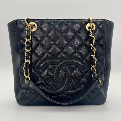 「JL精品代購」9新 香奈兒黑金荔枝牛pst單肩托特包