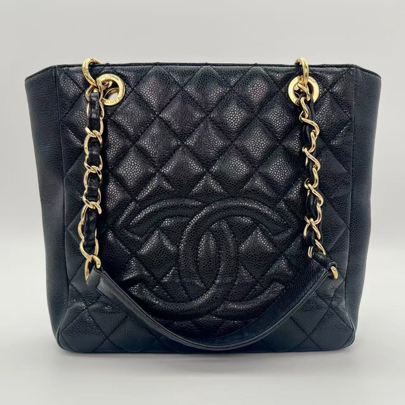 「JL精品代購」9新 香奈兒黑金荔枝牛pst單肩托特包-0