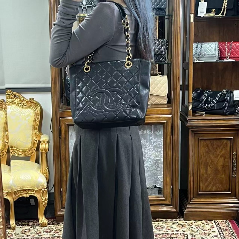 「JL精品代購」9新 香奈兒黑金荔枝牛pst單肩托特包-1