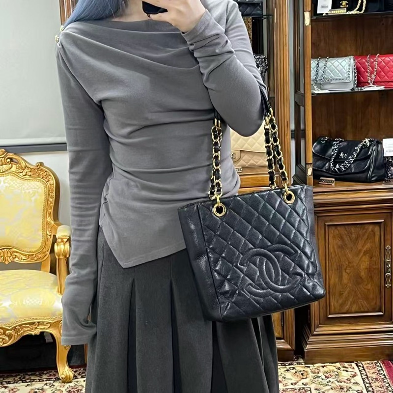 「JL精品代購」9新 香奈兒黑金荔枝牛pst單肩托特包-2