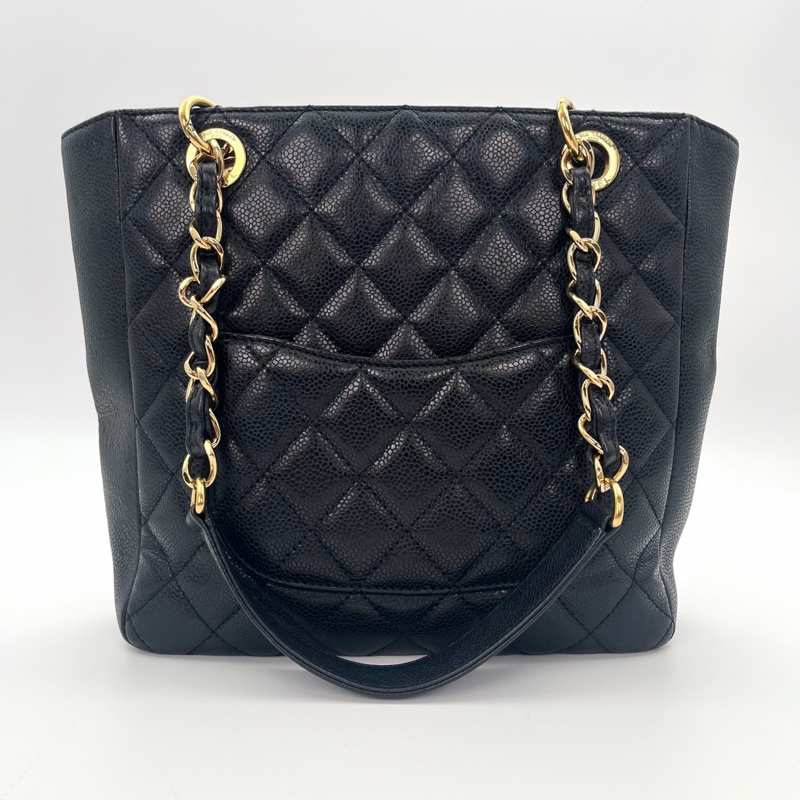 「JL精品代購」9新 香奈兒黑金荔枝牛pst單肩托特包-3